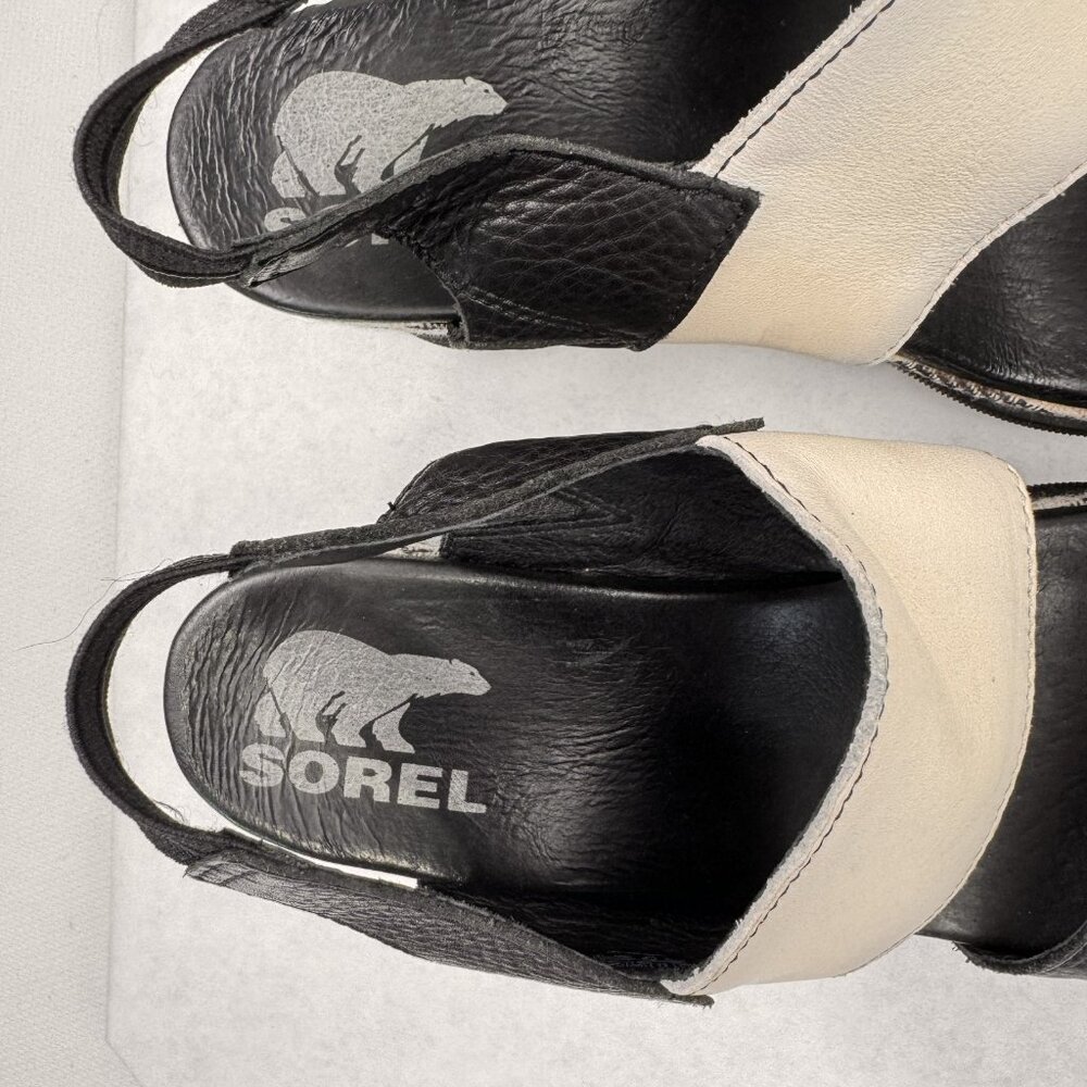 Sorel Womens 7.5 Wedge Sandals Black Beige Strappy Joanie II Slingback Chevron - Picture 9 of 13